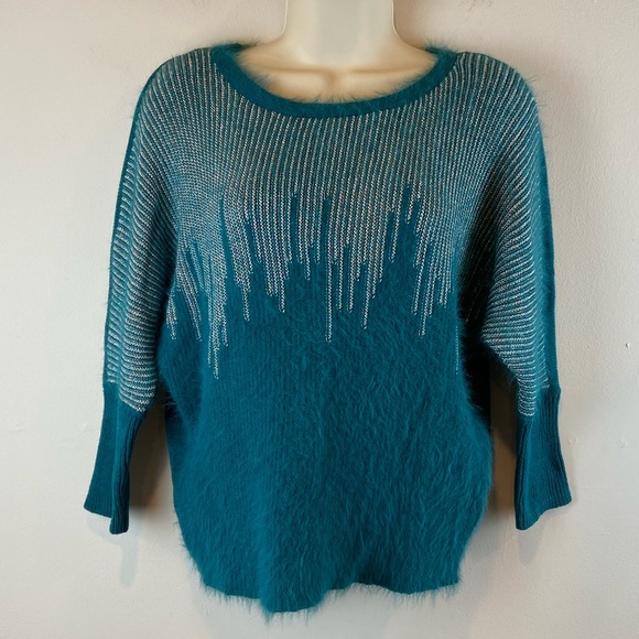 Jennifer Lopez Flirty Fuzzy Silver Metallic Eyelash Teal Sweater Women’s Size Sm - Picture 1 of 5